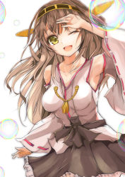 Rule 34 | 10s, 1girl, armpits, bad id, bad pixiv id, bare shoulders, breasts, brown hair, bubble, collarbone, detached sleeves, highres, kantai collection, kongou (kancolle), long hair, long sleeves, looking at viewer, nontraditional miko, one eye closed, open mouth, sash, shirt, skirt, smile, solo, velia, very long hair, wide sleeves, wink