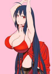 Rule 34 | 1girl, ahoge, arms up, artist request, azur lane, black hair, black legwear, breasts, choker, cleavage, cocktail dress, crossed bangs, dress, hair ornament, highres, huge breasts, long hair, looking at viewer, no bra, parted lips, pink background, red choker, red dress, red eyes, solo, spaghetti strap, taihou (azur lane), taihou (forbidden feast) (azur lane), very long hair