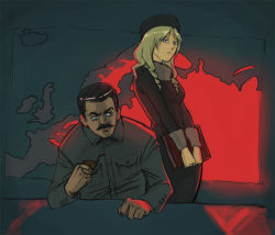 Rule 34 | 1boy, 1girl, black hair, blonde hair, blue eyes, command &amp; conquer, drill hair, europe, facial hair, fur, hat, indoors, joseph stalin, map, mustache, smoking pipe, politician, russia, russia-onee-sama, sitting, smoking, soviet, standing, table, ussr