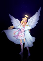 Rule 34 | 1girl, aida mana, angel, angel wings, blonde hair, boots, bow, brooch, cape, cure heart, cure heart (parthenon mode), dokidoki! precure, full body, gradient background, hair ornament, halo, heart, heart brooch, heart hair ornament, high heel boots, high heels, highres, jewelry, kazuma muramasa, knee boots, outstretched arm, pink bow, pink footwear, precure, red eyes, smile, solo, standing, star (symbol), starry background, wing brooch, wings