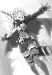 Rule 34 | 1girl, :d, asymmetrical sleeves, boots, bow (weapon), closed eyes, floating hair, from below, gloves, goblin slayer!, greyscale, hair between eyes, high elf archer (goblin slayer!), highres, kannatsuki noboru, long hair, long sleeves, monochrome, novel illustration, official art, open mouth, outstretched arm, pointy ears, short shorts, shorts, smile, solo, standing, thigh boots, thighhighs, uneven sleeves, very long hair, weapon, zettai ryouiki
