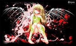 Rule 34 | 1girl, bad id, bad pixiv id, barefoot, blonde hair, blood, blood splatter, collarbone, fallen angel, feet, hand on own chest, long hair, nude, original, red eyes, sitting, slime (substance), solo, tongue, tongue out, very long hair, wings, yua (checkmate)