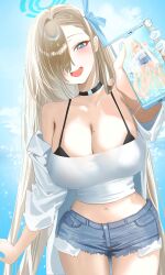 Rule 34 | 1girl, :d, asuna (blue archive), bare shoulders, black choker, blue archive, blue eyes, blush, bra strap, breasts, cellphone, choker, cleavage, commentary, cowboy shot, cutoffs, denim, denim shorts, grey hair, hair over one eye, haruri, highres, holding, holding phone, large breasts, long hair, looking at viewer, midriff, navel, off shoulder, open clothes, open mouth, open shirt, phone, shirt, short shorts, shorts, smartphone, smile, solo, standing, stomach, strapless, tube top, very long hair, white shirt