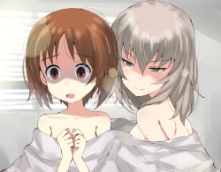 Rule 34 | 10s, 2girls, :o, back, bare shoulders, bed sheet, blanket, blue eyes, blush, breasts, brown eyes, brown hair, clenched hands, covering privates, empty eyes, gedou (ge ge gedou), girls und panzer, grey hair, hair between eyes, half-closed eyes, itsumi erika, lens flare, light rays, long hair, looking at another, looking down, multiple girls, naked sheet, naughty face, nishizumi miho, nude, open mouth, own hands together, ruined for marriage, scared, shaded face, shared blanket, short hair, sideboob, small breasts, sunbeam, sunlight, under covers, upper body, window, window blinds, you gonna get raped, yuri