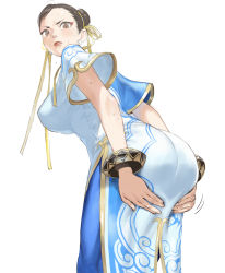 Rule 34 | 1girl, ass, blush, bracelet, breasts, brown eyes, brown hair, capcom, china dress, chinese clothes, chun-li, conto, dress, earrings, embarrassed, highres, huge ass, jewelry, large breasts, lipstick, looking back, makeup, pants, solo, street fighter, street fighter 6, yoga pants