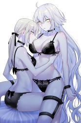 Rule 34 | 2girls, absurdres, ahoge, artoria pendragon (all), artoria pendragon (fate), ass cutout, blonde hair, bra, breasts, butt crack, choker, cleavage, closed mouth, clothing cutout, commentary, couple, cuffs, duplicate, eyes visible through hair, fate/grand order, fate (series), hair between eyes, hair ribbon, hand under clothes, handcuffs, highres, jeanne d&#039;arc (fate), jeanne d&#039;arc alter (avenger) (fate), jeanne d&#039;arc alter (fate), lingerie, long hair, multiple girls, nipi27, on bed, pale skin, panties, ponytail, profile, ribbon, saber alter, short hair, sidelocks, silver hair, simple background, sitting, symbol-only commentary, thigh strap, underboob, underwear, very long hair, white background, yellow eyes, yuri