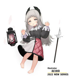 Rule 34 | 1girl, 2022, absurdres, aged down, arknights, artist name, barefoot, black dress, breasts, claw pose, commentary, copyright name, dated commentary, dress, full body, grey eyes, grey hair, hands up, head wings, highres, irene (arknights), kuroshiroemaki, lantern, long sleeves, looking at viewer, multicolored clothes, multicolored dress, open mouth, pink dress, romaji commentary, scar, scar across eye, simple background, small breasts, sword, weapon, white background, white dress, wings