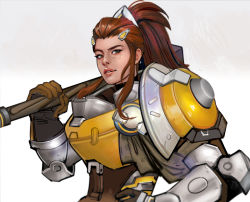 Rule 34 | 1girl, armor, brigitte (overwatch), brown eyes, brown hair, eyebrows, freckles, hair ornament, hairclip, hand on own hip, long hair, mace, mistermagnolia, nose, over shoulder, overwatch, overwatch 1, ponytail, power armor, solo, upper body, weapon, weapon over shoulder