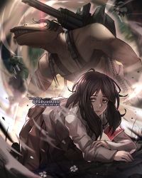 Rule 34 | 1girl, ass, bags under eyes, black eyes, black hair, blush, cart titan, commission, hellyon white, jacket, long hair, long sleeves, looking at viewer, marley military uniform, monster, pieck finger, shingeki no kyojin, shirt, solo, titan (shingeki no kyojin), weapon