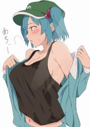 Rule 34 | 1girl, absurdres, black tank top, blue eyes, blue hair, blush, breasts, cleavage, commentary request, flat cap, green hat, hair bobbles, hair ornament, hat, highres, kawashiro nitori, large breasts, nagomian, navel, profile, simple background, solo, sweat, tank top, touhou, two side up, upper body, white background