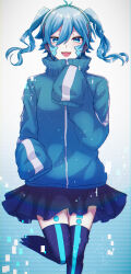 Rule 34 | 1girl, black skirt, black thighhighs, blue eyes, blue hair, blue jacket, collared jacket, cropped legs, ene (kagerou project), facial mark, glitch, gradient background, hair between eyes, headphones, highres, jacket, kagerou project, blue background, looking at viewer, mekakucity actors, miniskirt, open mouth, pixels, pleated skirt, popped collar, siori 510, skirt, sleeves past fingers, sleeves past wrists, solo, thighhighs, track jacket, twintails, very long sleeves, wavy hair, white background, zipper