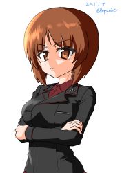 Rule 34 | 1girl, absurdres, black jacket, brown eyes, brown hair, closed mouth, commentary, dated, dress shirt, drops mint, frown, girls und panzer, highres, insignia, jacket, kuromorimine military uniform, long sleeves, looking at viewer, military, military uniform, nishizumi miho, red shirt, shirt, short hair, simple background, solo, twitter username, uniform, upper body, white background, wing collar