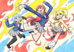 Rule 34 | 3girls, :d, arm up, blonde hair, blue eyes, blue hair, blue jacket, blunt bangs, brown footwear, clenched hand, collared shirt, fire, floating, glasses, grey skirt, hair between eyes, hair ornament, hair scrunchie, half-closed eyes, icicle, jacket, jumping, leg warmers, lightning, long hair, long sleeves, looking at another, looking at viewer, multiple girls, neck ribbon, open mouth, original, pink ribbon, red eyes, red hair, ribbon, school uniform, scrunchie, semi-rimless eyewear, shirt, short eyebrows, skirt, smile, sunafuki tabito, sweater, teeth, twintails, under-rim eyewear, upper teeth only, yellow sweater