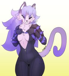 Rule 34 | 1girl, animal ears, breasts, cat ears, cat girl, cat tail, cleavage, eyeshadow, hand fan, holding, kiitos, little tail bronx, long hair, makeup, opera kranz, purple eyeshadow, purple hair, red eyes, solatorobo, solo, tail