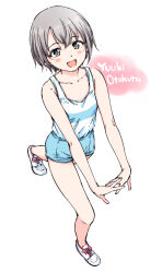 Rule 34 | 1girl, :d, blue shorts, blush, breasts, collarbone, green eyes, hamao, idolmaster, idolmaster cinderella girls, open mouth, otokura yuuki, purple hair, shoes, shorts, simple background, small breasts, smile, sneakers, solo, stretching, tank top, white background, white footwear, white tank top