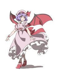 Rule 34 | 1girl, bat wings, closed mouth, commentary, full body, gyouza (mhea5724), hat, hat ribbon, highres, looking at viewer, pink hat, pink shirt, pink skirt, red eyes, red footwear, red ribbon, remilia scarlet, ribbon, shirt, short sleeves, simple background, skirt, smile, socks, solo, standing, touhou, white background, white socks, wings