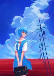 Rule 34 | 1girl, absurdres, ayanami rei, blouse, blue hair, blue sky, cloud, highres, looking to the side, lunchbox, neon genesis evangelion, power lines, red eyes, red neckwear, ribbon, school uniform, shirt, short hair, sky, smile, tokyo-3 middle school uniform, user kekf7257, utility pole, white shirt