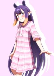 Rule 34 | 1girl, absurdres, blush, ddolbang, dress, flat chest, highres, hololive, hololive english, long hair, looking to the side, mole, mole under eye, multicolored hair, ninomae ina&#039;nis, pink dress, pointy ears, purple eyes, purple hair, short sleeves, sidelocks, simple background, smile, solo, tentacle hair, two-tone hair, very long hair, virtual youtuber