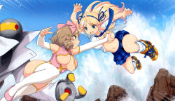 Rule 34 | 10s, 2girls, absurdres, aqua eyes, arm up, armpits, bare shoulders, battle, blonde hair, blush, bow, grabbing another&#039;s breast, breast slip, breasts, breasts apart, bridal gauntlets, censored, cloud, convenient censoring, convenient leg, day, drill hair, floating hair, garter straps, grabbing, grey hair, hair bow, hair ribbon, hairband, haruka (senran kagura), high heels, highres, jumping, katsuragi (senran kagura), large breasts, long hair, looking at another, loose socks, motion lines, multiple girls, naughty face, navel, necktie, no bra, ocean, official art, one breast out, open clothes, open mouth, open shirt, outdoors, outstretched arm, plaid, plaid skirt, pleated skirt, ribbon, robot, rock, scan, school uniform, senran kagura, shirt, shoes, short hair, short sleeves, skirt, sky, smile, smirk, socks, speed lines, splashing, thighhighs, underboob, water, white legwear, yaegashi nan, yuri