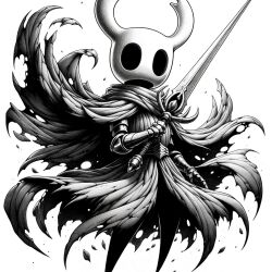 Rule 34 | ai-generated, armor, black eyes, hollow eyes, hollow knight, horns, knight (hollow knight), sword, tagme, weapon