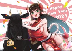 Rule 34 | 1girl, absurdres, animal ears, arrow (projectile), breasts, brown hair, chinese clothes, cow, earrings, elbow gloves, flower, gloves, green eyes, hair ornament, highres, holding, horn ornament, horns, huge breasts, jewelry, long hair, looking at viewer, mouth hold, neck bell, open mouth, original, tachibana yuu (shika), teeth, upper teeth only