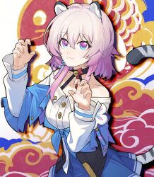 Rule 34 | 1girl, absurdres, animal ears, bare shoulders, black choker, black corset, blue eyes, blue jacket, blue skirt, choker, closed mouth, corset, cowboy shot, dress shirt, earrings, flower ornament, hands up, highres, honkai: star rail, honkai (series), jacket, jewelry, long sleeves, march 7th (honkai: star rail), medium hair, miniskirt, off shoulder, pink eyes, pink hair, pleated skirt, shirt, single earring, skirt, solo, tail, tail under clothes, tied jacket, tiger ears, tiger tail, tuiqiao, two-tone eyes, white shirt