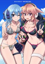 Rule 34 | .live, animal ears, beach, bikini, blue eyes, blue hair, breasts, cleavage, collarbone, commentary request, double v, highres, hololive, hoshimachi suisei, hoshimachi suisei (1st costume), jacket, large breasts, looking at viewer, memekichi, mokota mememe, navel, one eye closed, open mouth, pink eyes, pink hair, sheep ears, sky, small breasts, swimsuit, thick eyebrows, v, virtual youtuber