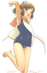Rule 34 | 1girl, barefoot, blue one-piece swimsuit, brown eyes, brown hair, covered navel, i-401 (kancolle), kantai collection, looking at viewer, one-hour drawing challenge, one-piece swimsuit, orange sailor collar, ponytail, ray.s, sailor collar, school swimsuit, shirt, short hair, short ponytail, side-tie shirt, sleeveless, sleeveless shirt, smile, solo, standing, standing on one leg, swimsuit, swimsuit under clothes