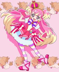 Rule 34 | 1girl, blonde hair, boots, bow, brooch, commentary request, crown, cure wonderful, dress, dress bow, earrings, full body, hairband, heart, heart brooch, highres, inukai komugi, inukai komugi (dog), jewelry, leaning to the side, long hair, looking at viewer, magical girl, masaru (win800), mini crown, multicolored hair, open mouth, pantyhose, partial commentary, petticoat, pink background, pink footwear, pink hair, pouch, precure, puffy short sleeves, puffy sleeves, purple bow, purple pantyhose, red dress, shadow, short dress, short sleeves, smile, solo, standing, standing on one leg, striped clothes, striped pantyhose, tilted headwear, two-tone hair, two side up, v, very long hair, wonderful precure!, wrist cuffs, yellow hairband, yellow pantyhose