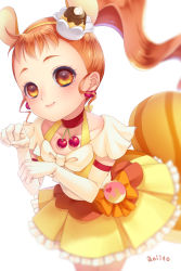 Rule 34 | 10s, 1girl, animal ears, aoi itou, arisugawa himari, artist name, brown eyes, brown hair, cake hair ornament, choker, closed mouth, collarbone, cowboy shot, cure custard, elbow gloves, food-themed hair ornament, gloves, hair ornament, highres, kirakira precure a la mode, looking at viewer, magical girl, paw pose, ponytail, precure, red neckwear, short hair, simple background, skirt, smile, solo, squirrel ears, squirrel tail, tail, white background, white gloves, yellow skirt