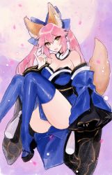 Rule 34 | 10s, 1girl, \m/, animal ears, bare shoulders, bow, breasts, cleavage, detached sleeves, fate/extra, fate/grand order, fate (series), fox ears, fox tail, hair bow, hair ribbon, japanese clothes, long hair, miyako (xxxbibit), pink hair, ribbon, solo, tail, tamamo (fate), tamamo no mae (fate/extra), thighhighs, traditional media, twintails, yellow eyes