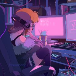Rule 34 | 1girl, artist name, at computer, black thighhighs, brown eyes, chair, chopsticks, closed mouth, commentary, computer, copyright name, cup ramen, from side, fur-trimmed jacket, fur trim, glasses, head rest, headphones, highres, indoors, jacket, keyboard (computer), long hair, marmaladica, monitor, off shoulder, office chair, orange hair, persona, persona 5, round eyewear, sakura futaba, sitting, solo, swivel chair, thighhighs