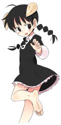 Rule 34 | 1girl, ahoge, akita (akitaland gothic), akitaland gothic, akitaland gothic, barefoot, black eyes, black hair, blush, braid, brown eyes, dress, feet, horns, open mouth, oyatsu (mk2), soles, solo, standing, standing on one leg, toes, twin braids, white background