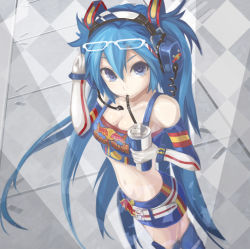 Rule 34 | 1girl, bare shoulders, belt, blue eyes, blue hair, boots, breasts, can, cleavage, drink, drinking straw, elbow gloves, eyewear on head, formula one, from above, glasses, gloves, hair ornament, hatsune miku, headset, knee boots, long hair, matching hair/eyes, midriff, navel, pondel, product placement, race queen, red bull, solo, twintails, very long hair, vocaloid
