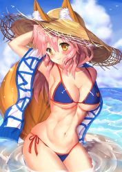 Rule 34 | 1girl, animal ears, bikini, blue bikini, blush, breasts, cleavage, closed mouth, cowboy shot, day, ears through headwear, fate/grand order, fate (series), fox ears, fox tail, hair between eyes, highres, large breasts, long hair, looking at viewer, mogupuchi, navel, ocean, pink hair, smile, solo, stomach, swimsuit, tail, tamamo (fate), tamamo no mae (fate/extra), tamamo no mae (swimsuit lancer) (fate), tamamo no mae (swimsuit lancer) (second ascension) (fate), wading, yellow eyes