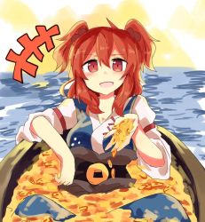 Rule 34 | &gt;:d, +++, 1girl, :d, bad id, bad twitter id, blush, boat, coin, fang, looking at viewer, onozuka komachi, open mouth, red eyes, red hair, short hair, sitting, smile, solo, to-den (v-rinmiku), touhou, two side up, v-shaped eyebrows, water, watercraft