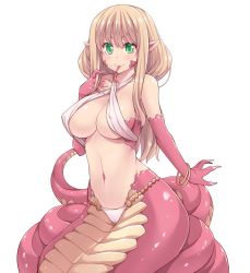 Rule 34 | 1girl, amane hasuhito, bad id, bad twitter id, bangle, blonde hair, bra, bracelet, breasts, claws, cleavage, green eyes, jewelry, lamia, large breasts, long hair, long tongue, looking at viewer, monster girl, navel, original, panties, pointy ears, simple background, solo, tongue, tongue out, underwear, white background, white bra, white panties