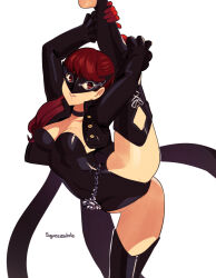 Rule 34 | 1girl, ass, barefoot, black jacket, black leotard, bow, breasts, cleavage, commentary, gloves, hair bow, hair ribbon, highres, jacket, leg up, leotard, long hair, long sleeves, looking at viewer, mask, medium breasts, paid reward available, persona, persona 5, persona 5 the royal, ponytail, red eyes, red gloves, red hair, ribbon, simple background, smile, solo, squeezable (squeezabledraws), standing, standing on one leg, thighhighs, white background, yoshizawa kasumi