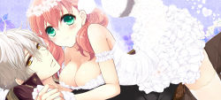 Rule 34 | 10s, 1boy, 1girl, amiko (frostedchocolate), atelier (series), atelier escha &amp; logy, bad id, bad pixiv id, blush, braid, breasts, cleavage, couple, escha malier, frilled skirt, frills, green eyes, holding hands, hetero, large breasts, logix ficsario, pink hair, short hair, short twintails, skirt, smile, tail, twintails, white hair, white skirt, yellow eyes