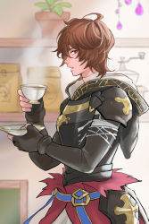 Rule 34 | 1boy, armor, bag, black gloves, coffee grinder, cup, fingerless gloves, gloves, granblue fantasy, hair between eyes, highres, holding, holding cup, holding plate, indoors, kakikuyeko3181, plant, plate, potted plant, profile, red eyes, sandalphon (granblue fantasy), solo, steam, teacup