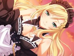 Rule 34 | 1girl, apron, bare shoulders, blonde hair, breasts, collar, cross, game cg, green eyes, happy, jewelry, kirino erisa, large breasts, maid, maid apron, maid headdress, noblesse oblige, sky, solo, sunset