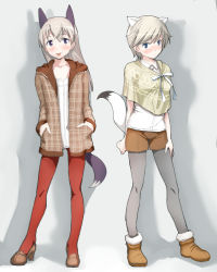 Rule 34 | 10s, 2girls, alternate hair color, animal ears, blue eyes, brave witches, collarbone, eila ilmatar juutilainen, fashion, grey legwear, hands in pockets, hi-ho-, pantyhose under shorts, looking at viewer, multiple girls, nikka edvardine katajainen, pantyhose, purple hair, red legwear, shorts, silver hair, standing, strike witches, tail, tongue, tongue out, world witches series