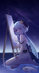 Rule 34 | 1girl, absurdres, barefoot, beret, blue hair, blue headwear, bob cut, closed mouth, dress, full body, griseo, griseo (starry impression), hat, highres, honkai (series), honkai impact 3rd, incredibly absurdres, looking at viewer, looking to the side, neprbq, night, night sky, off-shoulder dress, off shoulder, painting (action), purple eyes, seiza, sitting, sky, soles, star (sky), starry sky, toes, water, white dress