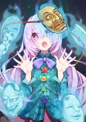Rule 34 | 1girl, :o, arms up, aura, blue background, blue bow, blue bowtie, blue shirt, bow, bowtie, commentary request, glowing, hair between eyes, hannya, hata no kokoro, head tilt, highres, light purple hair, long hair, long sleeves, looking at viewer, mask, noh mask, open hands, open mouth, pink hair, pink skirt, plaid, plaid shirt, shirt, skirt, solo, standing, star (symbol), syuri22, touhou, triangle, untucked shirt, upper body, very long hair, x