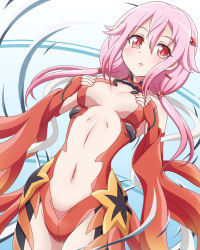 Rule 34 | 1girl, bare shoulders, breasts, center opening, cowboy shot, detached sleeves, fingerless gloves, gloves, guilty crown, hair ornament, hairclip, highres, looking at viewer, medium breasts, open mouth, pink hair, red eyes, solo, twintails, yosuzu, yuzuriha inori