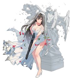 Rule 34 | 1girl, angel statue, bare shoulders, benelli m4 super 90, blush, breasts, bridal veil, broken statue, brown hair, bullet hole, burnt clothes, cleavage, closed mouth, cuts, ddal, dress, falling petals, full body, girls&#039; frontline, gun, hair between eyes, heterochromia, high heels, holding, holding gun, holding weapon, injury, large breasts, long dress, long hair, looking to the side, m1014, m1014 (girls&#039; frontline), m1014 (heartbeat before the angel statue) (girls&#039; frontline), official alternate costume, official art, petals, red eyes, ribbon, shotgun, simple background, solo, standing, statue, sweatdrop, torn clothes, torn dress, transparent background, veil, very long hair, weapon, wedding dress, white dress, white footwear, white ribbon, yellow eyes