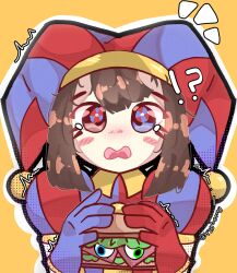 Rule 34 | 1girl, blush, brown hair, eyeballs, food, glitch productions, gloves, hat, highres, jester, jester cap, multicolored eyes, pomni (the amazing digital circus), sandwich, short hair, spyyberrry, sweatdrop, the amazing digital circus