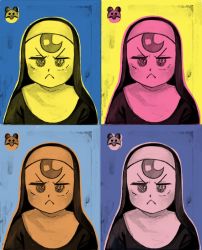 Rule 34 | 1girl, :&lt;, andy warhol, closed mouth, diva (hyxpk), froggy nun (diva), habit, limited palette, little nuns (diva), looking at viewer, multiple views, nun, parody, pop art, simple background, style parody, traditional nun, upper body, v-shaped eyebrows, veil