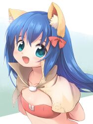 Rule 34 | 1girl, :d, animal ear fluff, animal ears, bikini, blue eyes, blue hair, blush, bow, brown capelet, brown gloves, capelet, cat ears, commentary request, elbow gloves, emurin, flat chest, gloves, hair between eyes, hair bow, highres, long hair, looking at viewer, mage (ragnarok online), majiko (emurin), open mouth, ragnarok online, red bikini, red bow, smile, solo, star-shaped pupils, star (symbol), swimsuit, symbol-shaped pupils, upper body