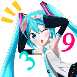 Rule 34 | 1girl, :o, absurdly long hair, absurdres, aqua eyes, aqua hair, aqua necktie, artist name, artist request, bare shoulders, black skirt, black sleeves, blue eyes, blue hair, blue necktie, blush, breasts, catch the wave (vocaloid), collared shirt, detached sleeves, female focus, hair between eyes, hair ornament, hatsune miku, headphones, headset, highres, long hair, long sleeves, looking at viewer, necktie, one eye closed, parted lips, pleated skirt, shirt, skirt, sleeveless, sleeveless shirt, sleeves past fingers, sleeves past wrists, small breasts, solo, terukorone, thighhighs, twintails, very long hair, vocaloid, white background, white shirt